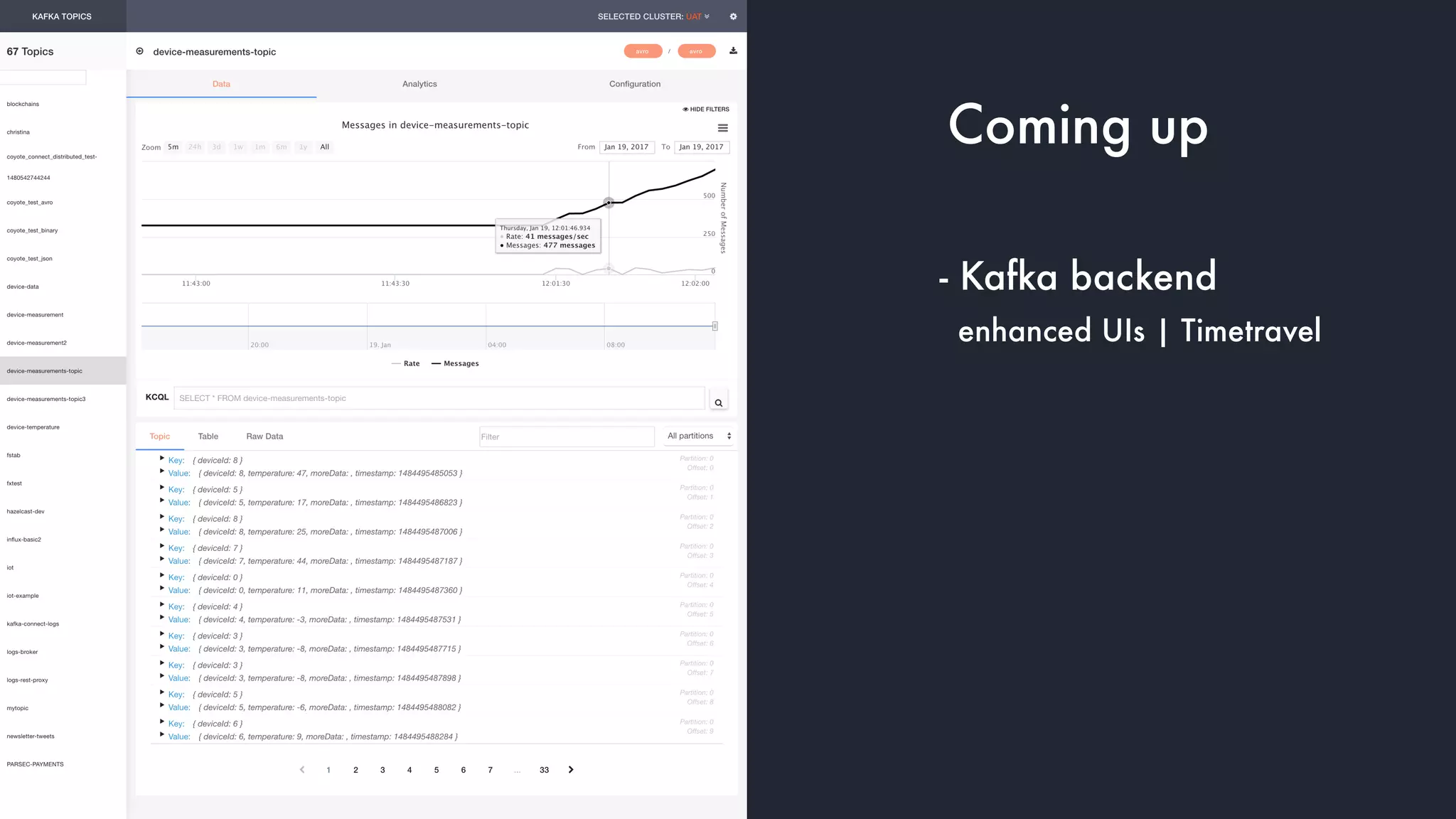 Coming up
- Kafka backend
enhanced UIs | Timetravel
 