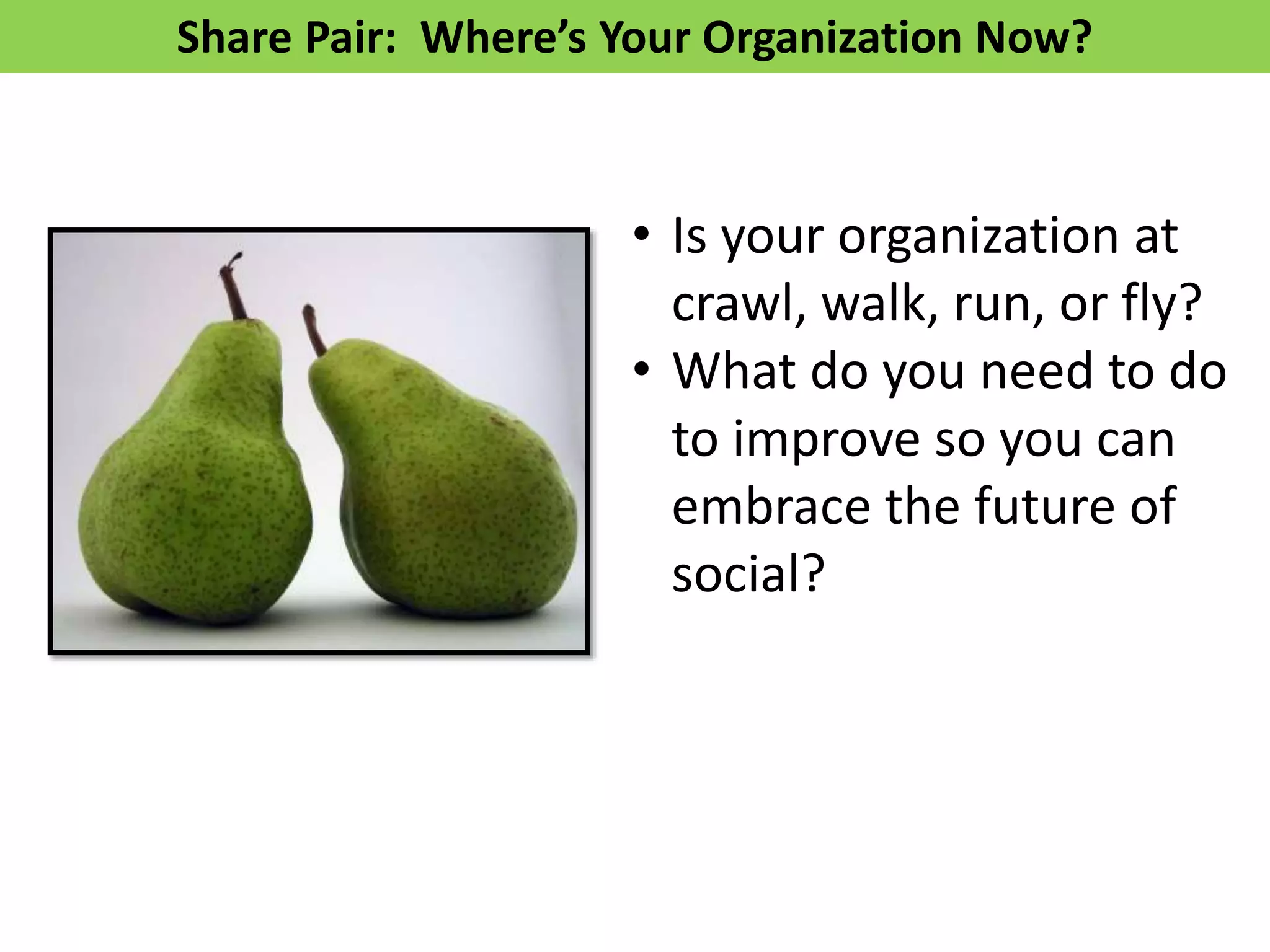 Share	
  Pair:	
  	
  Where’s	
  Your	
  OrganizaNon	
  Now?	
  
•  Is	
  your	
  organizaKon	
  at	
  
crawl,	
  walk,	
  run,	
  or	
  ﬂy?	
  	
  
•  What	
  do	
  you	
  need	
  to	
  do	
  
to	
  improve	
  so	
  you	
  can	
  
embrace	
  the	
  future	
  of	
  
social?	
  
	
  
 