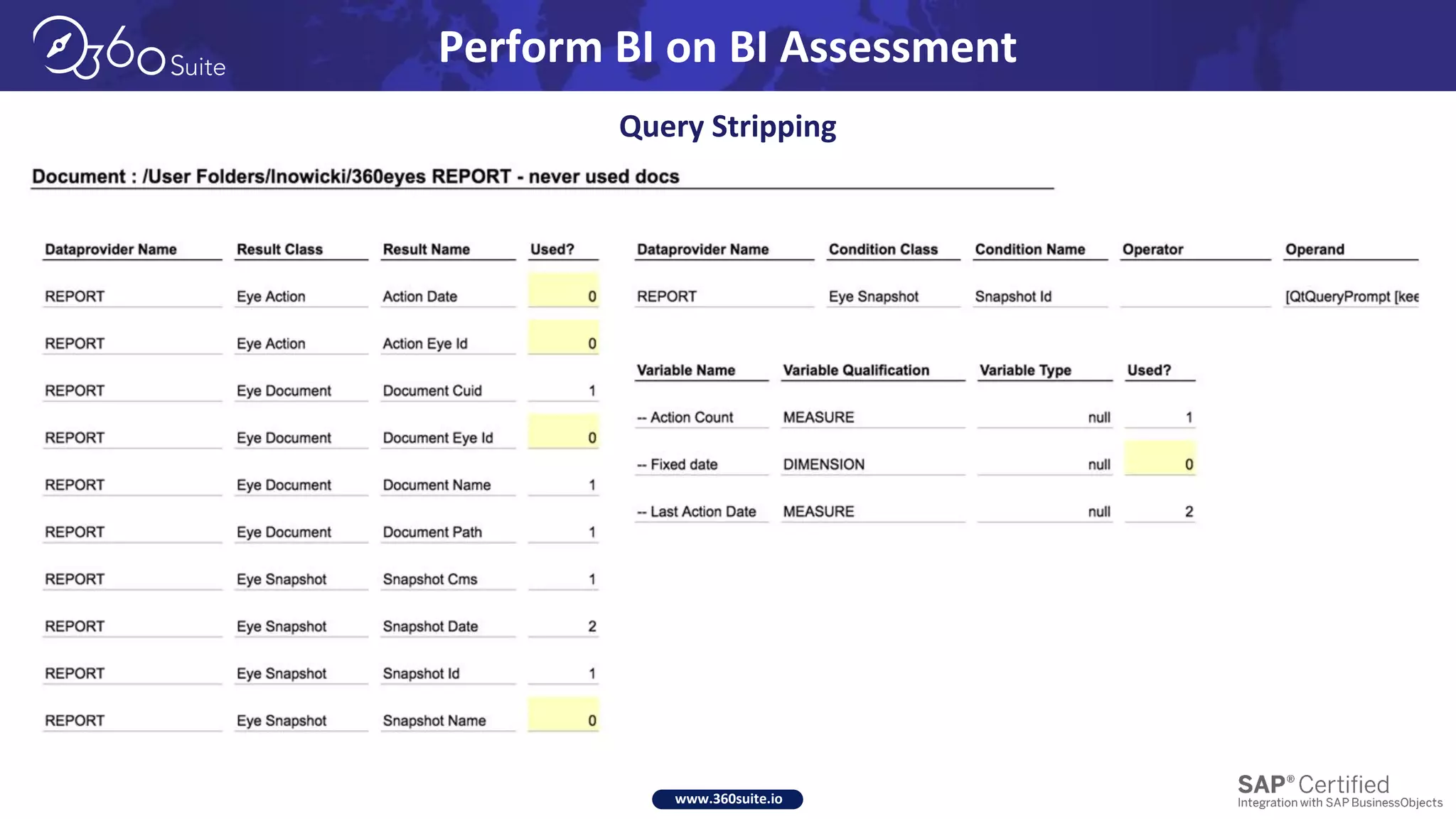 www.360suite.io
Perform BI on BI Assessment
Query Stripping
 