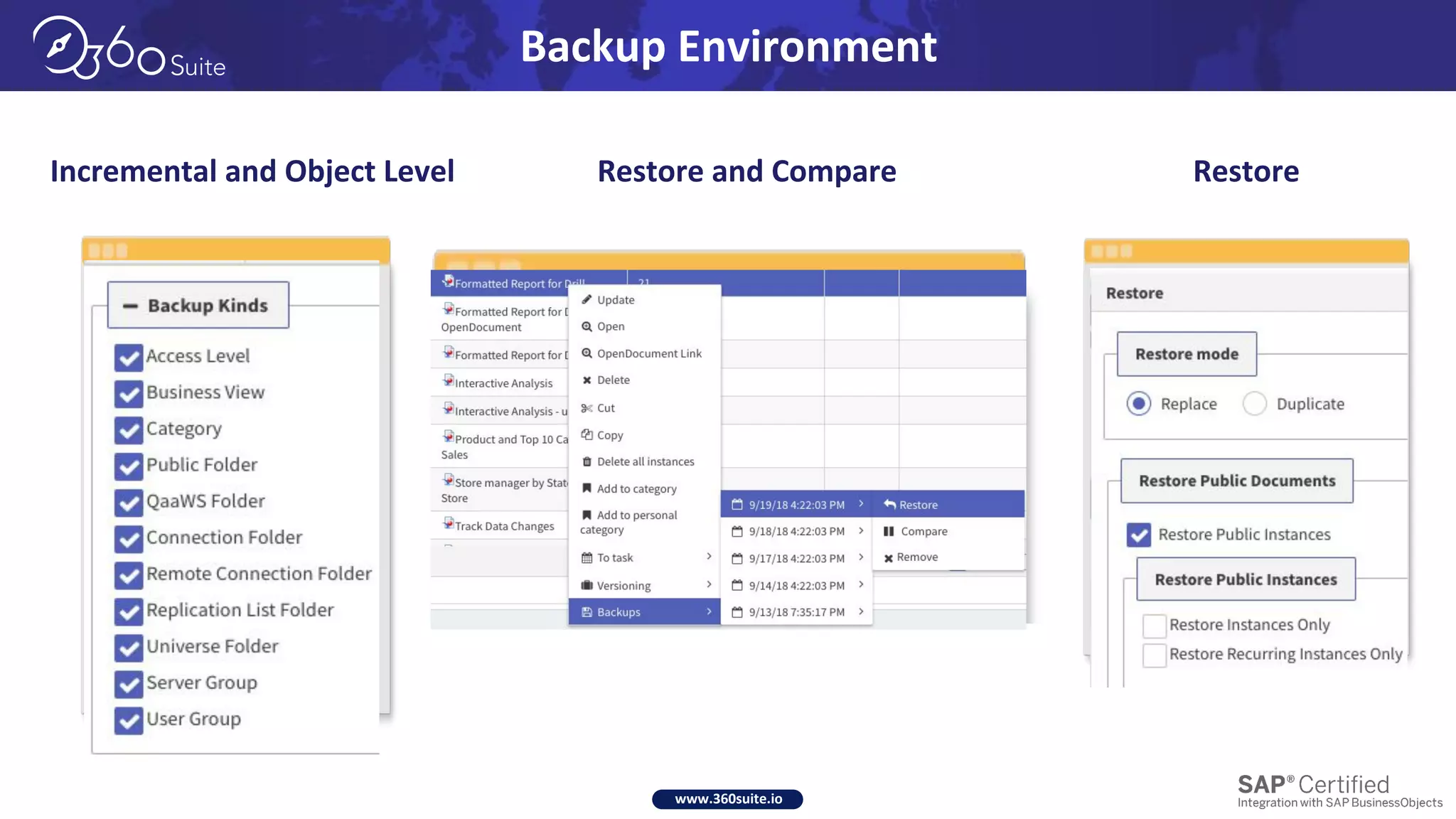 www.360suite.io
Incremental and Object Level Restore and Compare Restore
Backup Environment
 