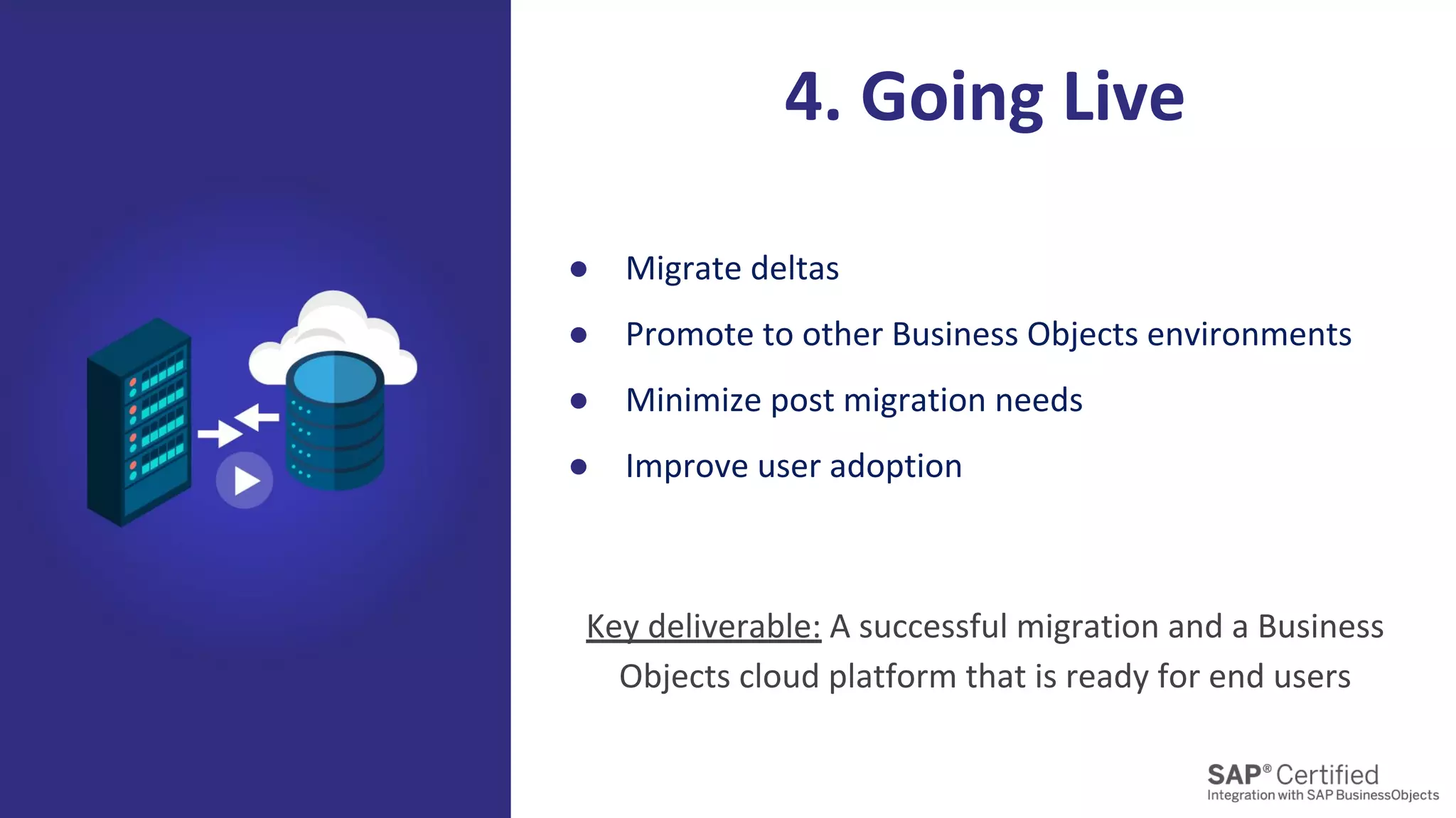 ● Migrate deltas
● Promote to other Business Objects environments
● Minimize post migration needs
● Improve user adoption
4. Going Live
Key deliverable: A successful migration and a Business
Objects cloud platform that is ready for end users
 