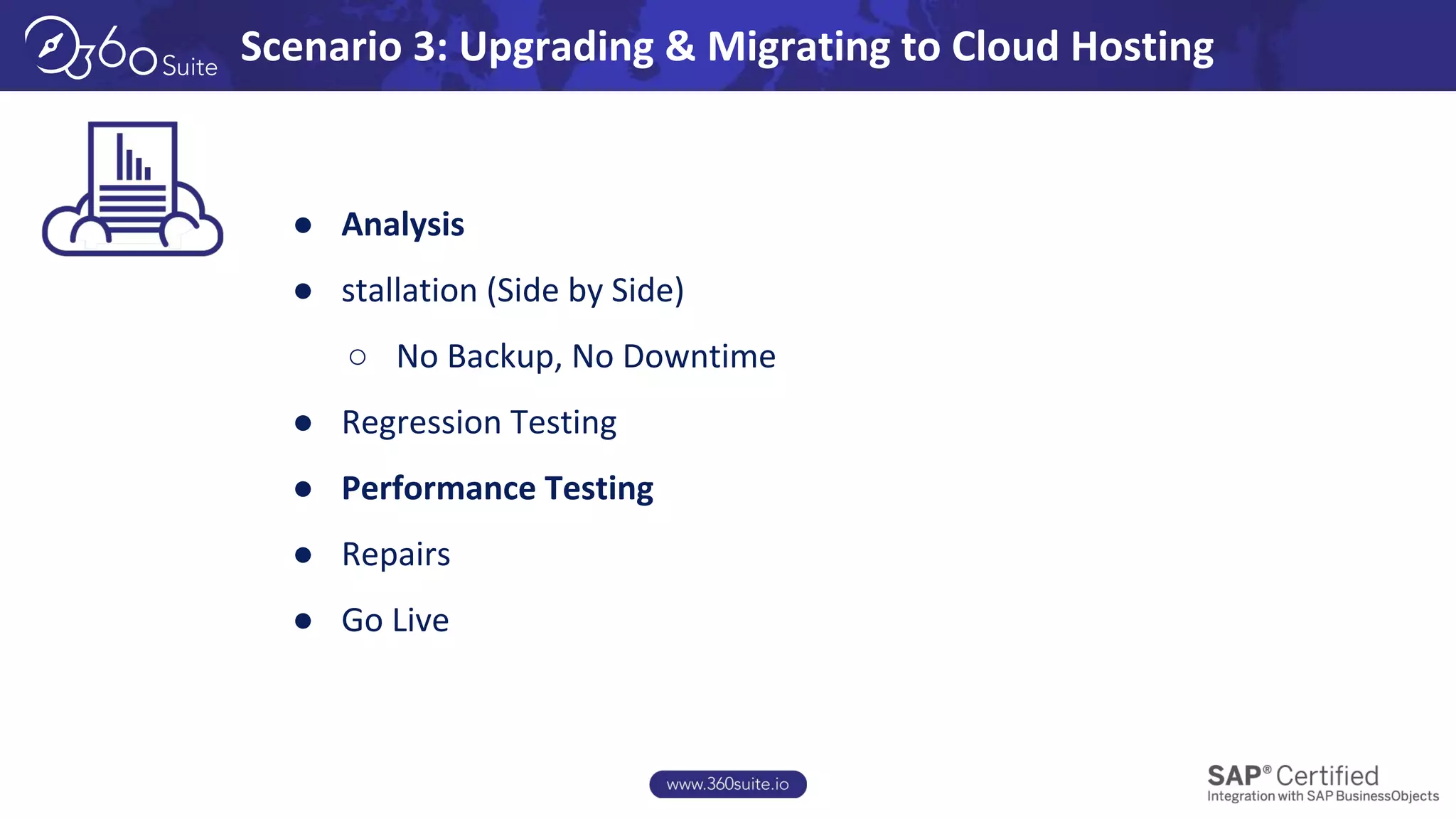 Scenario 3: Upgrading & Migrating to Cloud Hosting
● Analysis
● stallation (Side by Side)
○ No Backup, No Downtime
● Regression Testing
● Performance Testing
● Repairs
● Go Live
 