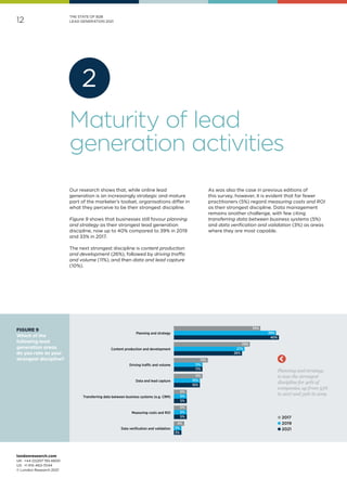 londonresearch.com
UK: 	+44 (0)207 193 4600
US: 	+1 415-463-7044
© London Research 2021
12
THE STATE OF B2B
LEAD GENERATION 2021
3%
5%
5%
10%
11%
26%
40%
3%
5%
5%
10%
11%
27%
39%
4%
5%
5%
11%
13%
29%
33%
Planning and strategy
Content production and development
Driving traffic and volume
Data and lead capture
Transferring data between business systems (e.g. CRM)
Measuring costs and ROI
Data verification and validation
Planning and strategy
is now the strongest
discipline for 40% of
companies, up from 33%
in 2017 and 39% in 2019.
l 2017
l 2019
l 2021
FIGURE 9
Which of the
following lead
generation areas
do you rate as your
strongest discipline?
Our research shows that, while online lead
generation is an increasingly strategic and mature
part of the marketer’s toolset, organisations differ in
what they perceive to be their strongest discipline.
Figure 9 shows that businesses still favour planning
and strategy as their strongest lead generation
discipline, now up to 40% compared to 39% in 2019
and 33% in 2017.
The next strongest discipline is content production
and development (26%), followed by driving traffic
and volume (11%), and then data and lead capture
(10%).
As was also the case in previous editions of
this survey, however, it is evident that far fewer
practitioners (5%) regard measuring costs and ROI
as their strongest discipline. Data management
remains another challenge, with few citing
transferring data between business systems (5%)
and data verification and validation (3%) as areas
where they are most capable.
Maturity of lead
generation activities
2
 