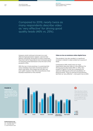 17
londonresearch.com
UK: 	+44 (0)207 193 4600
US: 	+1 415-463-7044
© London Research 2021
Xxx
l In-house
l Outsourceda3
THE STATE OF B2B
LEAD GENERATION 2021
Compared to 2019, nearly twice as
many respondents describe video
as ‘very effective’ for driving good
quality leads (46% vs. 25%).
25%
34%
20%
29%
24%
19%
25%
38%
26%
31%
21%
25%
46%
40%
36%
35%
24% 24%
Video Events Webinars Case studies White papers /
research reports
Buyer guides
There has been a sharp
rise in the proportion of
respondents describing
both video and webinars
as 'very effective' for
driving good-quality
leads.
l 2017
l 2019
l 2021
FIGURE 15
Proportion of
respondents rating
these content assets
as 'very effective' for
driving good-quality
leads
However, email continues to be seen as a cost-
effective lead generation medium, and one that
delivers sufficiently strong ROI to justify investment.
More than half of respondents have increased spend
on first-party email distribution since the start of the
pandemic (51%).
With the rise in home-working, it is surprising that
many marketers have been increasing spend on
direct mail (40%). Print media has not seen any
such uplift, however. Only 15% of practitioners have
boosted investment on this channel.
Video on rise as marketers widen digital focus
The pandemic has also resulted in a significant
increase in interest in video content as a source of
leads.
Compared to 2019, nearly twice as many
respondents describe video as ‘very effective’ for
driving good quality leads (46% vs. 25%). Also
evident in Figure 15 is the rise in popularity for
webinars following the enforced cancellation of
physical events. Thirty-six percent of practitioners
see them as ‘very effective’ – a ten-point rise on 2019.
SECTION 3
EFFECTIVENESS OF CHANNELS
AND CONTENT TYPES
 