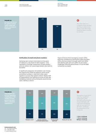 23
londonresearch.com
UK: 	+44 (0)207 193 4600
US: 	+1 415-463-7044
© London Research 2021
THE STATE OF B2B
LEAD GENERATION 2021
32% 31% 30% 29%
47%
44% 49%
45%
21%
25%
21%
26%
Managing consent Ensuring compliance
of third-party data providers
Proving consent
(audit trail)
Dealing with opt-outs
Managing consent (32%),
ensuring compliance
of third-party data
providers (31%), proving
consent through audit
trail (30%) and dealing
with opt-outs (29%) are
all ‘major’ challenges
for around three in 10
companies.
57%
43%
Yes No
More than four in 10
companies (43%) say they
don't have web forms for
gated content that verify
email and phone numbers
in real time.
l Not a challenge
l Minor challenge
l Major challenge
Verification of email and phone numbers
Verifying user contact information at the point
of capture is a key facet of data hygiene – and
represents a broader assessment of lead quality –
and one where, not surprisingly leaders also tend to
do better.
A significant proportion of marketers are missing
this opportunity (43%) by failing to verify email
and phone numbers in real-time, when users
register to access their gated content. Nearly half
of organisations are freeing up access to their key
marketing material without properly ascertaining
users’ identity in return.
Figure 24 shows that managing consent (32%),
ensuring compliance of third-party data providers
(31%), proving consent through audit trail (30%)
and dealing with opt-outs (29%) are all ‘major’
challenges afflicting about three in 10 of the B2B
companies surveyed.
FIGURE 24
How significant
are the following
challenges in the
context of lead
generation and
data protection
regulations?
FIGURE 23
Do your web forms
for gated content
verify email and
phone numbers in
real time?
SECTION 5
DATA HYGIENE AND
DATA REGULATION
 