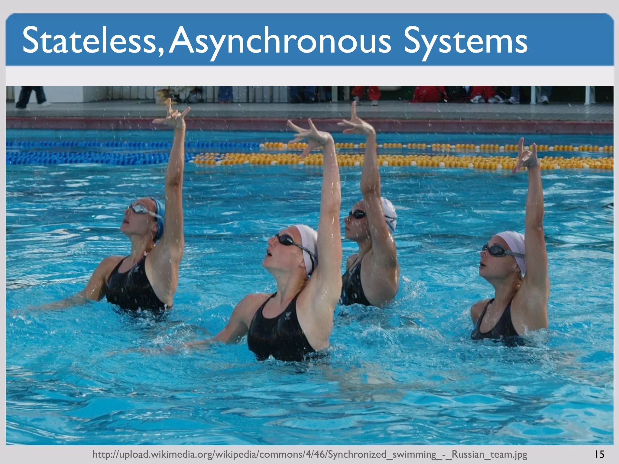 Stateless, Asynchronous Systems




    http://upload.wikimedia.org/wikipedia/commons/4/46/Synchronized_swimming_-_Russian_team.jpg   15
 
