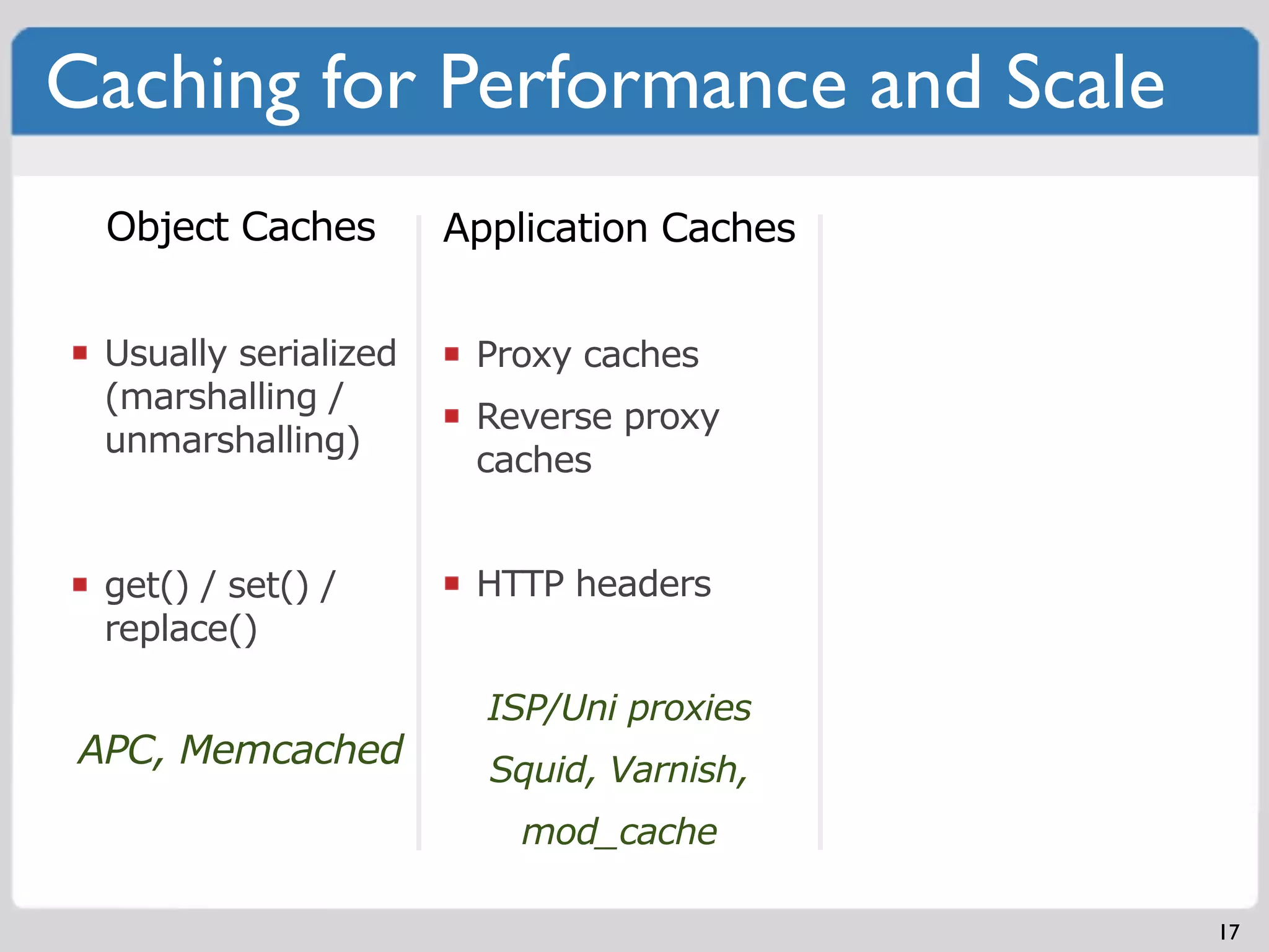 Caching for Performance and Scale
 Object Caches        Application Caches


 Usually serialized    Proxy caches
 (marshalling /
                       Reverse proxy
 unmarshalling)
                       caches


 get() / set() /       HTTP headers
 replace()

                        ISP/Uni proxies
APC, Memcached          Squid, Varnish,
                         mod_cache

                                           17
 