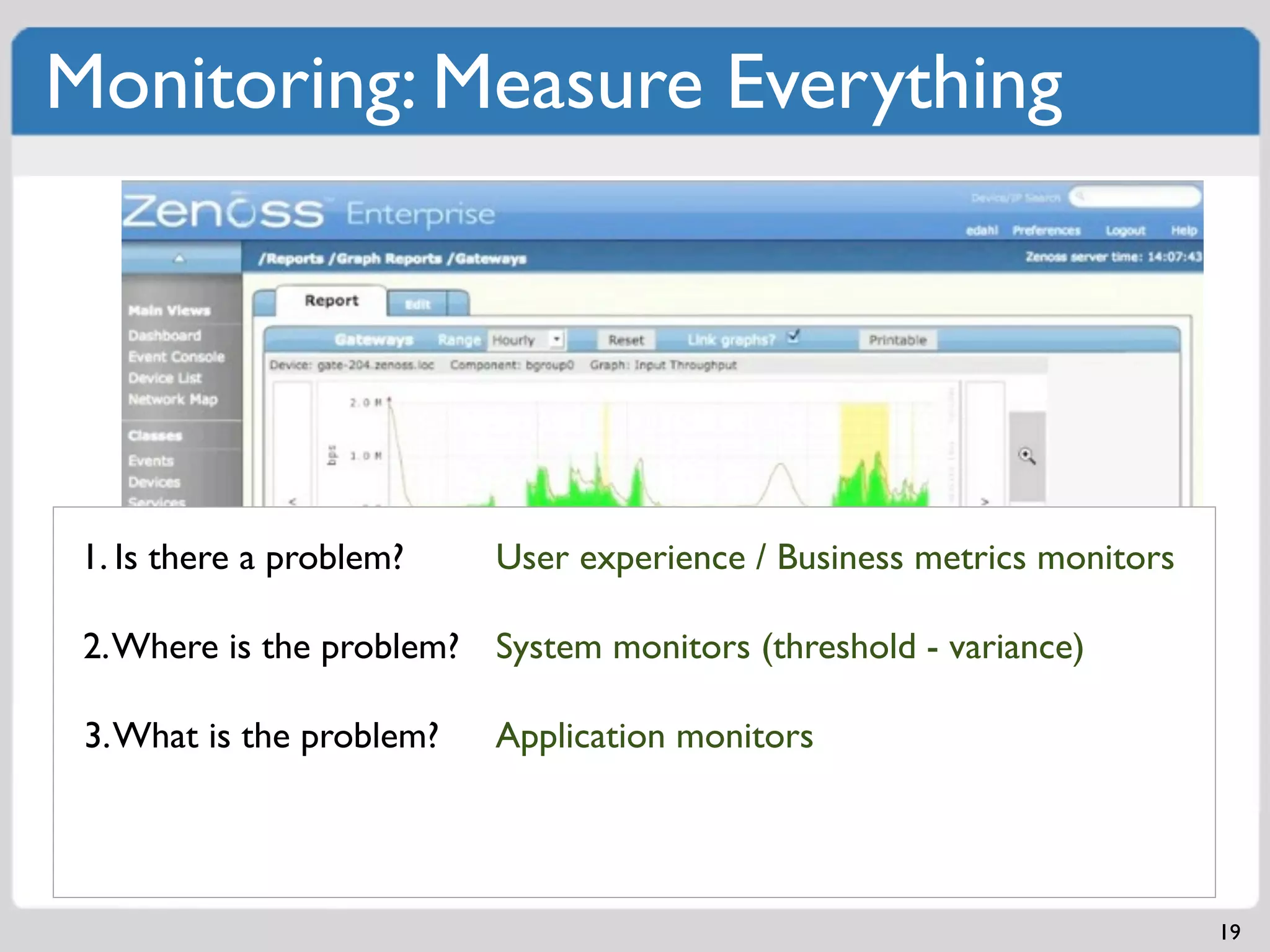 Monitoring: Measure Everything




 1. Is there a problem?    User experience / Business metrics monitors

 2. Where is the problem? System monitors (threshold - variance)

 3. What is the problem?   Application monitors




                                                                         19
 