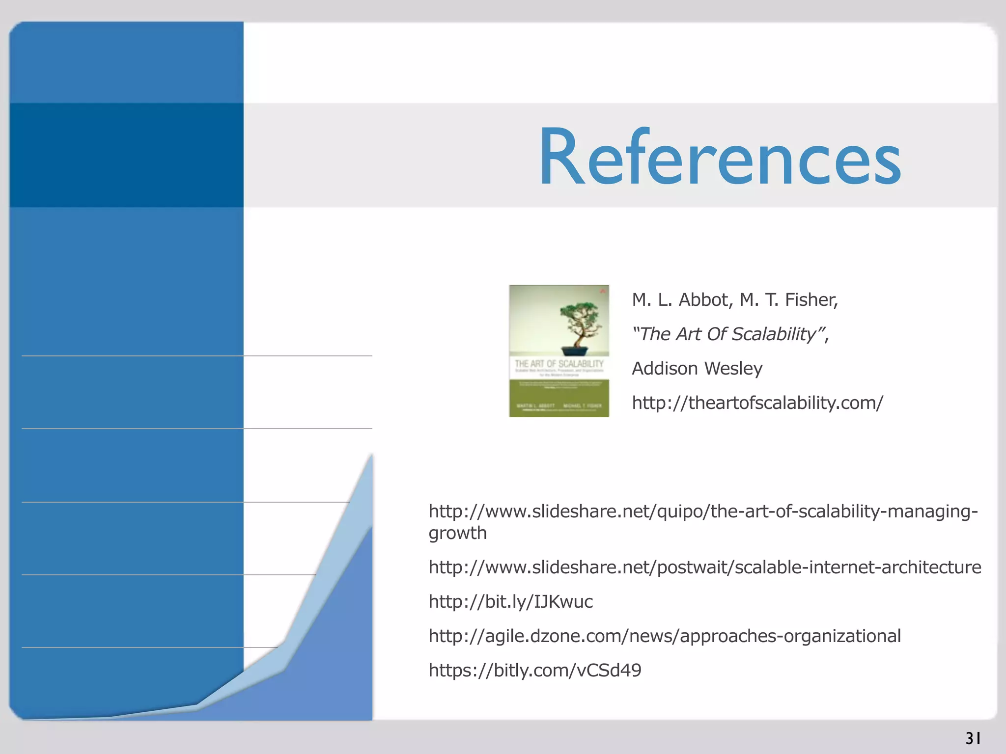 References
                       M. L. Abbot, M. T. Fisher,
                       “The Art Of Scalability”,
                       Addison Wesley
                       http://theartofscalability.com/




http://www.slideshare.net/quipo/the-art-of-scalability-managing-
growth
http://www.slideshare.net/postwait/scalable-internet-architecture
http://bit.ly/IJKwuc
http://agile.dzone.com/news/approaches-organizational
https://bitly.com/vCSd49


                                                               31
 