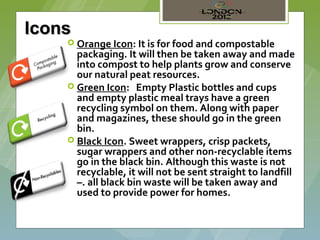 Icons
     Orange Icon: It is for food and compostable
      packaging. It will then be taken away and made
      into compost to help plants grow and conserve
      our natural peat resources.
     Green Icon: Empty Plastic bottles and cups
      and empty plastic meal trays have a green
      recycling symbol on them. Along with paper
      and magazines, these should go in the green
      bin.
     Black Icon. Sweet wrappers, crisp packets,
      sugar wrappers and other non-recyclable items
      go in the black bin. Although this waste is not
      recyclable, it will not be sent straight to landfill
      –. all black bin waste will be taken away and
      used to provide power for homes.
 