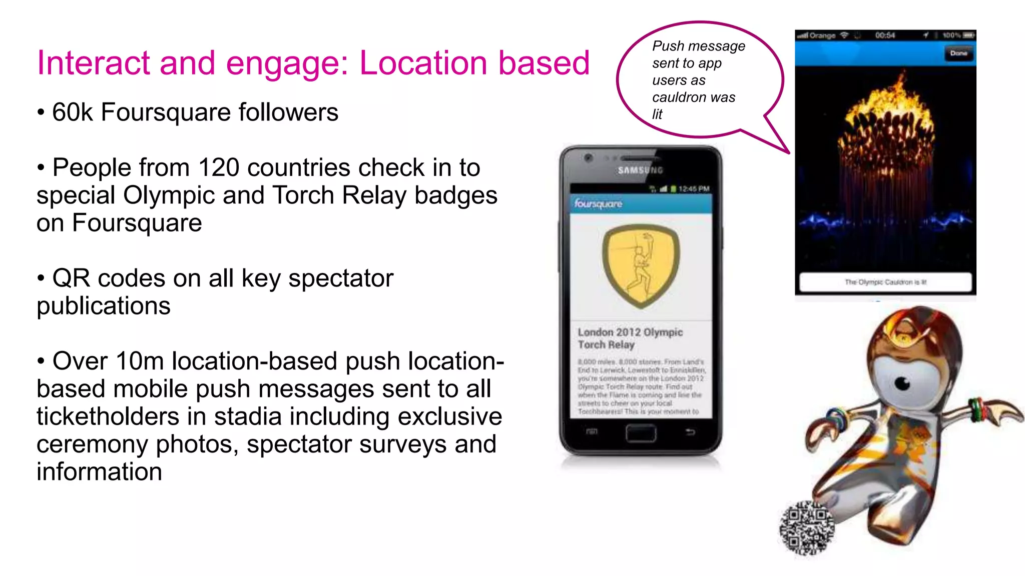 Interact and engage: social media followers

           4.7m social media followers
            5
            4
                                                                             Foursquare
Millions




            3
                                                                             Google+
            2                                                                Twitter
            1                                                                Facebook
            0
             01-Jul   08-Jul   15-Jul    22-Jul   29-Jul   05-Aug   12-Aug


                                                                                   Source: Google Analytics
 