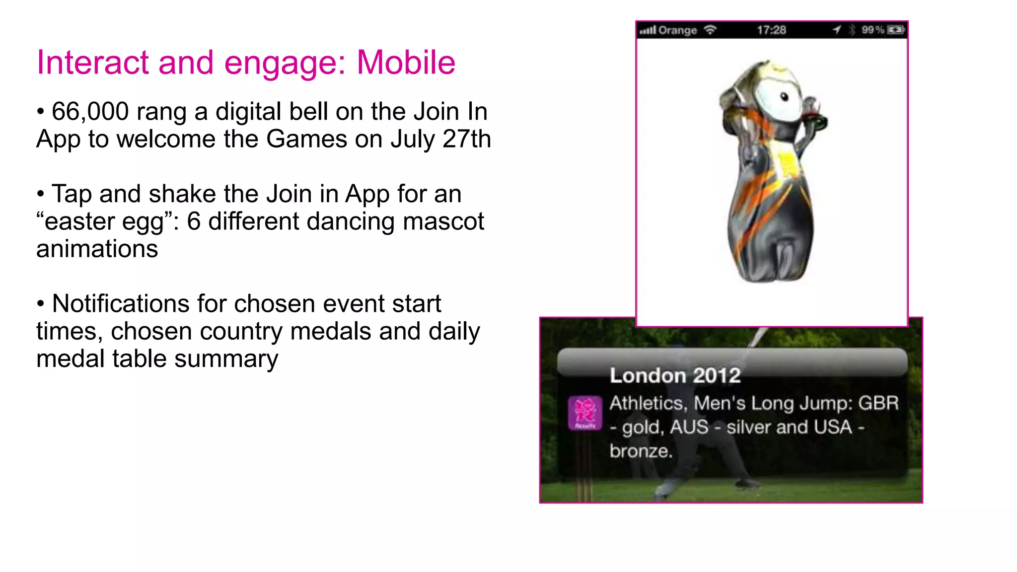 Interact and engage: Twitter
• 1.9 m Twitter followers -150m tweets
About the games (acc to Twitter)

• 48 Twitter accounts:
     • 36 sport accounts with live feeds
     • 2 mascot accounts
     • 6 twitter cameras with personality:
          @L2012BballCam
          @L2012GymCam
          @L2012TableCam
          @L2012StadiumCam
          @L2012MatCam
          @L2012PoolCam
• Visualisations:
     •Olympic and Ceremony Pulse
     • #supportyourteam
 