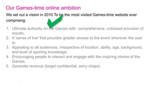 Our Games-time online ambition                                                  Back then
                                                                                mobile
                                                                                seemed
We set out a vision in 2010 To be the most visited Gamestime website ever       secondary!

comprising:

1. Ultimate authority on the Games with comprehensive, unbiased provision of
   results;
2. A 'sense of live' that provides greater access to the event wherever the user
   is;
3. Appealing to all audiences, irrespective of location, ability, age, background,
   and level of sporting knowledge;
4. Encouraging people to interact and engage with the inspiring stories of the
   Games.
5. Generate revenue (target confidential, sorry chaps)
 