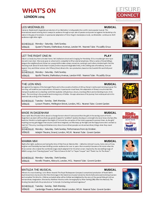 London 2014 Theater Entertainment Schedule