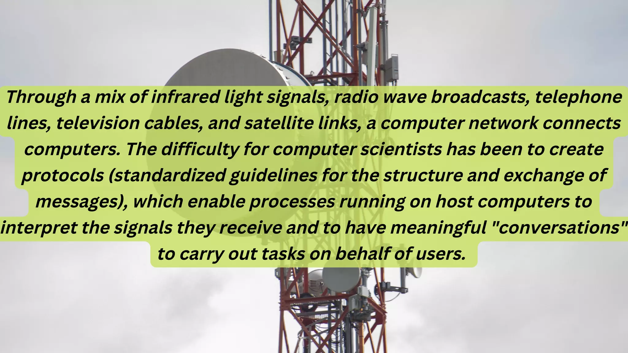 Through a mix of infrared light signals, radio wave broadcasts, telephone
lines, television cables, and satellite links, a computer network connects
computers. The difficulty for computer scientists has been to create
protocols (standardized guidelines for the structure and exchange of
messages), which enable processes running on host computers to
interpret the signals they receive and to have meaningful "conversations"
to carry out tasks on behalf of users.
 