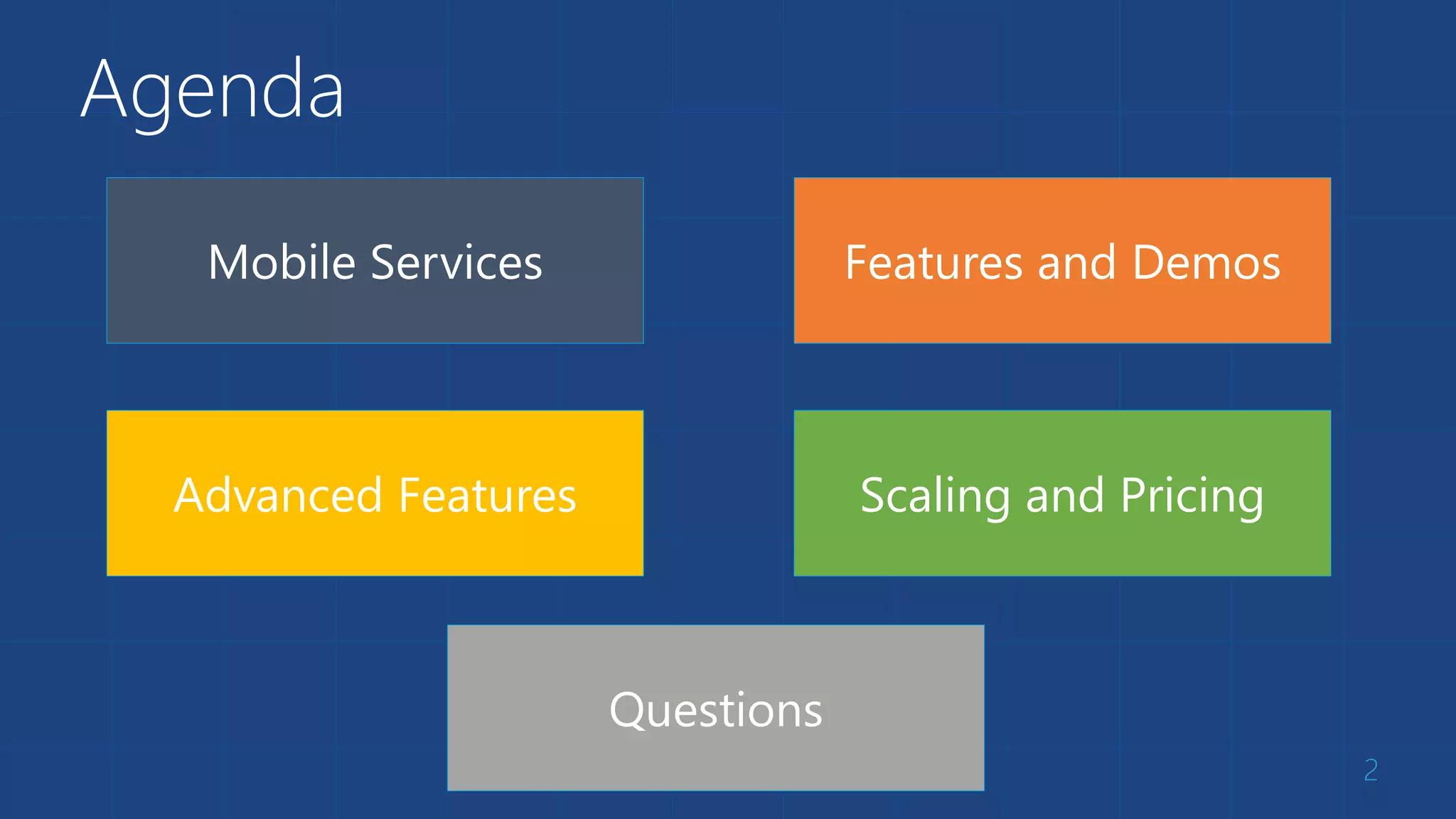 Agenda
2
Mobile Services Features and Demos
Advanced Features Scaling and Pricing
Questions
 