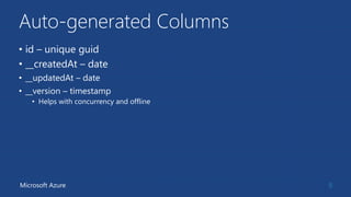 Auto-generated Columns
• id – unique guid
• __createdAt – date
• __updatedAt – date
• __version – timestamp
• Helps with c...