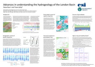 Advances in understanding the hydrogeology of the London Basin
Steve Buss1 and Travis Kelly2
With grateful acknowledgements to the rest of the project team:
Mike Jones, Rob Sage, Peter Isherwood, Vin Robinson, Rory Mortimore, Malcolm Anderson,
Nigel Hoad, Jane Dottridge, Mike Streetly, Paul Daily, Victoria Price and Nancy Proudfoot
Background
The Chalk and Thanet Sands aquifer
provides the main groundwater resource
in the London area and supports
significant abstraction for a variety of uses
including public water supply. Beneath
London the aquifer is confined by clayey
strata of the Lambeth Group and London
Clay. Outcrop geology of the study area is
mapped below.
Stratigraphic control of
aquifer properties
It has been recognised that Chalk aquifer properties can be correlated to the new
stratigraphic classification. The uppermost strata beneath London, the Newhaven and
Seaford Chalk formations, have well-developed intersecting fracture sets and therefore
readily permit groundwater flow. Beneath these the Lewes Nodular Chalk, while also
relatively well-fractured, contains several tabular flint and marl horizons which restrict
vertical groundwater flow. Deeper formations are less well fractured because they are
more clay-rich and plastic (although aquifer properties can be developed at outcrop).
Re-analysis of existing data: hydraulic properties chalk core from a borehole at Faircross,
near Reading (Bloomfield, 1997), and numerous down-hole geophysical logs from the
Environment Agency, show physical evidence of this. Clear demarcations between
regions of similar aquifer properties are seen at formation-level stratigraphic boundaries.
In some of the down-hole logs, properties can be seen to vary at bed-level.
Burial depth control of
aquifer properties
The figure (right) compares the distribution of
transmissivity from Downing et al. (1972) with the
current depth of the top of the Chalk aquifer. There is
excellent correspondence between areas where the
depth exceeds 80 m and the areas of identified low
transmissivity.
Topography associated with river valleys is reflected in
the depth of burial: notably the River Lee and River
Wandle both lie above areas in the aquifer where the
Chalk would be buried deeper than 80 m if it were not
for the overlying river valleys.
Some areas (e.g., beneath the River Roding) have the
top of the Chalk above 80 m below ground level but
apparently low transmissivity. However, since there is
no link from these areas to outcrop, a flux of
groundwater to cause solution enhancement cannot be
provided. Similarly, there is not a high transmissivity
channel beneath the River Hogsmill because there is
nowhere for the fresh groundwater to discharge.
Structural controls on
groundwater flow
Faulting often alters the hydraulic conductivity of Chalk:
both to increase and decrease permeability. Along the
length of faults, permeability can be enhanced by
fracturing (then can be further enhanced by
dissolution). However, after displacement the
permeability can be reduced by mineralisation. Field
evidence and the results from existing calibrated
models demonstrate the importance of both increased
and reduced permeability of faults in the basin.
A new interpretation of the fault pattern in Central
London was provided for the project by the BGS.
Groundwater levels either side of each major fault were
reviewed to assess whether consistently steep hydraulic
gradients developed across the faults. Most of the
major faults (shown in the figure right) demonstrated
discontinuity of groundwater levels. After this, all
groundwater level data for 2000 and 2007 were
contoured based on this interpretation. Groundwater
levels appear to be particularly discontinuous in the
south of the area, where there is most faulting (figure
upper right).
Using high resolution stratigraphic data from the BGS
geological model, and from a version of the existing
London Basin Groundwater Model, we were able to
compare these with the interpreted groundwater level
surface. The figure right shows the formation that the
water table/piezometric surface was in, in 2007. There
are considerable areas beneath the London Clay where
the Chalk and Thanet Sands aquifer is unconfined.
T = 500 m/day Tx:Ty = 5
TF = 5000 m/day TF = 50 000 m/day TF = 50 000 m/day
TF = 50 m/day TF = 0 m/day TF = 0 m/day
High or low permeability faults?
Despite the evidence that there are steep hydraulic gradients perpendicular to some fault
zones, there appears to be no direct evidence that these zones are less permeable than the
surrounding aquifer. There are, however, several lines of field evidence that suggest some fault
zones may be more permeable than the aquifer. Simple numerical modelling of a pumping test
in an otherwise homogeneous aquifer shows how:
1. Narrow zones of high permeability cause a change in the aspect ratio of the cone of
depression: its long axis develops parallel to the fault zones. This is similar to what would
be observed in an anisotropic aquifer.
2. Drawdown does not propagate across the high permeability zones, resulting in steep
hydraulic gradients perpendicular to them.
3. While low permeability zones also lead to steep hydraulic gradients, the long axis of the
cone of depression forms perpendicular to the fault zones.
We learn from this that quantification of these effects in the field, and indeed the
discrimination of narrow high permeability zones from narrow low permeability zones from
regional anisotropy, depends on using several strategically-placed observation boreholes, and
having an open mind when it comes to pumping test analysis.
Sources of groundwater
The Trafalgar Square hydrograph clearly shows that historically groundwater demand exceeded
supply and that the abstraction considerably depleted aquifer storage. Having available the
results of adjacent groundwater models, particularly: the South West Chilterns, Vale of St
Albans, Essex, and Swanscombe models, we have been able to determine inflows to the aquifer
from other outcrop areas.
The plot below shows groundwater inputs vs. outputs for the confined London Basin since 1965.
Abstraction from the confined aquifer is currently approximately balanced by inflows from the
Chilterns and North Downs (which is an indication of the success of the GARDIT programme).
Compare the total inflows below with the maximum historical abstraction of almost 500 Ml/day.
ABOVE (after Bloomfield, 1997): Even deeply
confined, and without solution enhancement,
the Seaford Chalk exhibits typically high
porosity; then there is a gradual decrease
within the Lewes Nodular Chalk to the Chalk
Rock at its base. Below that the porosity is
variable. This transition (at about 155 m
depth) is a transition between diagenesis due
to mechanical compaction above, and
pressure solution compaction below. The
overall decline in porosity is matched by a
corresponding, and more regular, decrease in
the gas permeability of intact chalk.
LEFT: Most boreholes penetrate about 50-60m
of the Chalk because hydrogeologists
understood that the top 60 m was the zone of
groundwater flow and drilling deeper would
be into progressively less productive Chalk.
Several boreholes show a zone of widening
around the Cuckmere Beds, which are a
particularly weak stratum in the middle of the
Seaford Chalk Formation. Others show
development at the sub-Palaeogene
unconformity, possibly due to the effects of
acid groundwater from the Thanet Sands.
This poster presents some of the findings of
an Environment Agency-funded study into
the hydrogeology of the London Basin
aquifer. This conceptual model study
provides a robust, quantitative foundation
for a forthcoming numerical modelling
project. The numerical model will be used
by the Environment Agency to regulate the
diverse abstraction pressures on the aquifer.
Historical abstraction caused the development of a regional cone of depression
beneath Central London, in the centre of which the Chalk aquifer developed an
unsaturated zone. Since 1960 there has been a rise in groundwater levels over
most of the Central London area as a response of the reduction in pumping. This
recovery would potentially cause issues with structural integrity of infrastructure:
this has led to a strategy of increasing abstraction in the area (GARDIT: General
Aquifer Research Development and Investigation Team). Aquifer storage and
recharge (ASR) schemes have been developed in the areas where historical
abstraction caused the development of an unsaturated zone in the Thanet Sands.
-400
-300
-200
-100
0
100
200
300
400
1965
1966
1967
1968
1969
1970
1971
1972
1973
1974
1975
1976
1977
1978
1979
1980
1981
1982
1983
1984
1985
1986
1987
1988
1989
1990
1991
1992
1993
1994
1995
1996
1997
1998
1999
2000
2001
2002
2003
2004
2005
Flows(Ml/day)
River Thames Storage Chilterns North Downs Net Abstraction
FlowintoaquiferFlowoutofaquifer
2007 (all elevations in m AOD)
More details on the project and its outcomes can be obtained from the authors:
1 Dr Steve Buss, ESI Ltd., 160 Abbey Foregate, Shrewsbury SY2 5HH (stevebuss@esinternational.com)
2 Travis Kelly, Environment Agency, Red Kite House, Howbery Park, Wallingford OX10 8BD
2007
 
