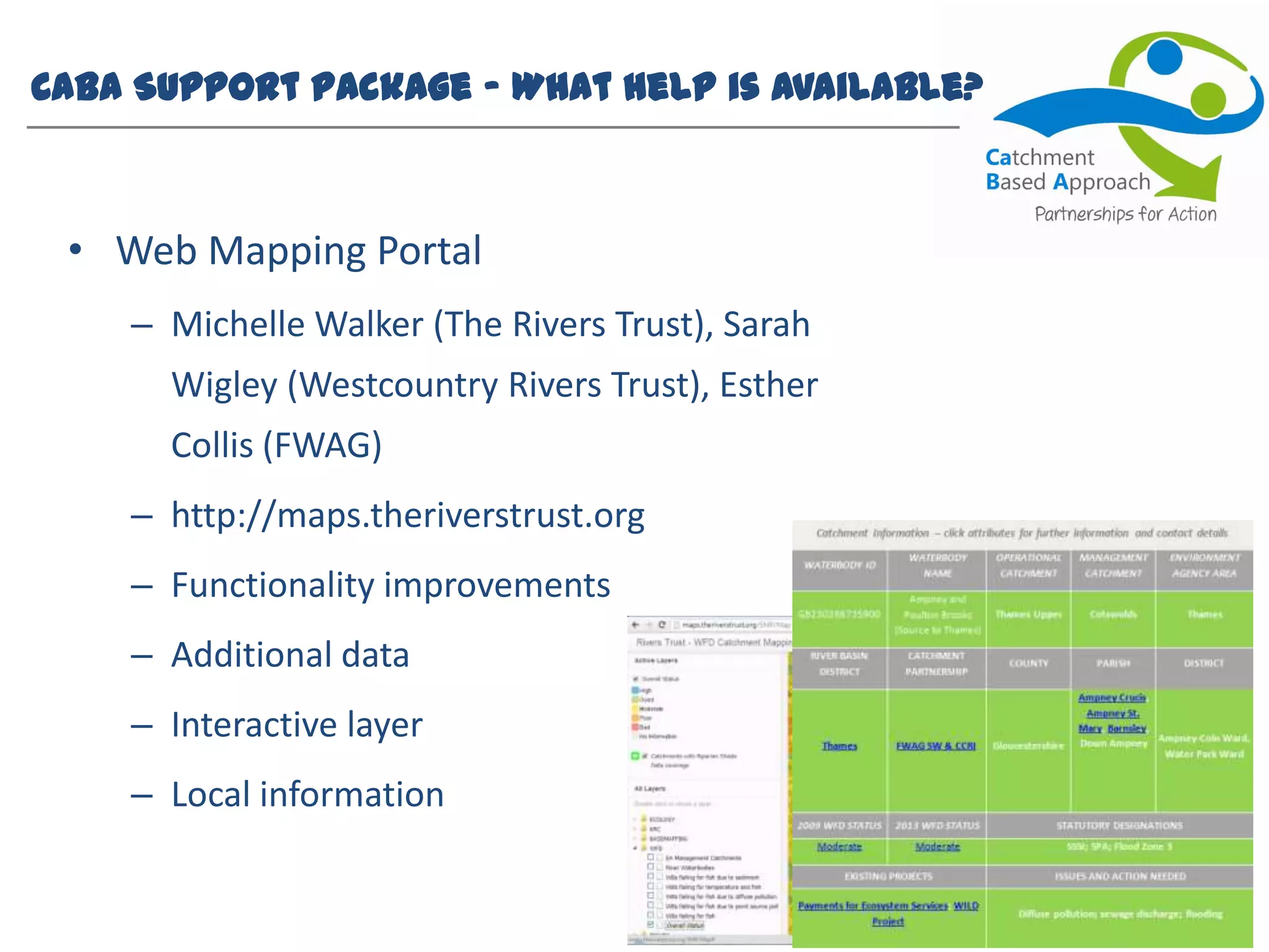 CaBA Support Package – What help is available?
• Web Mapping Portal
– Michelle Walker (The Rivers Trust), Sarah
Wigley (Westcountry Rivers Trust), Esther
Collis (FWAG)
– http://maps.theriverstrust.org
– Functionality improvements
– Additional data
– Interactive layer
– Local information
 