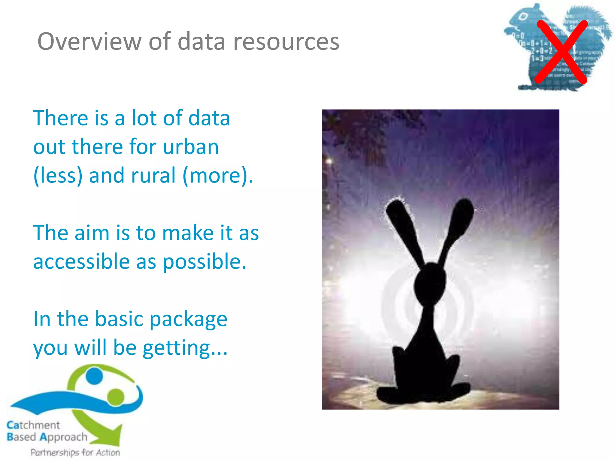 Overview of data resources
There is a lot of data
out there for urban
(less) and rural (more).
The aim is to make it as
accessible as possible.
In the basic package
you will be getting...
X
 