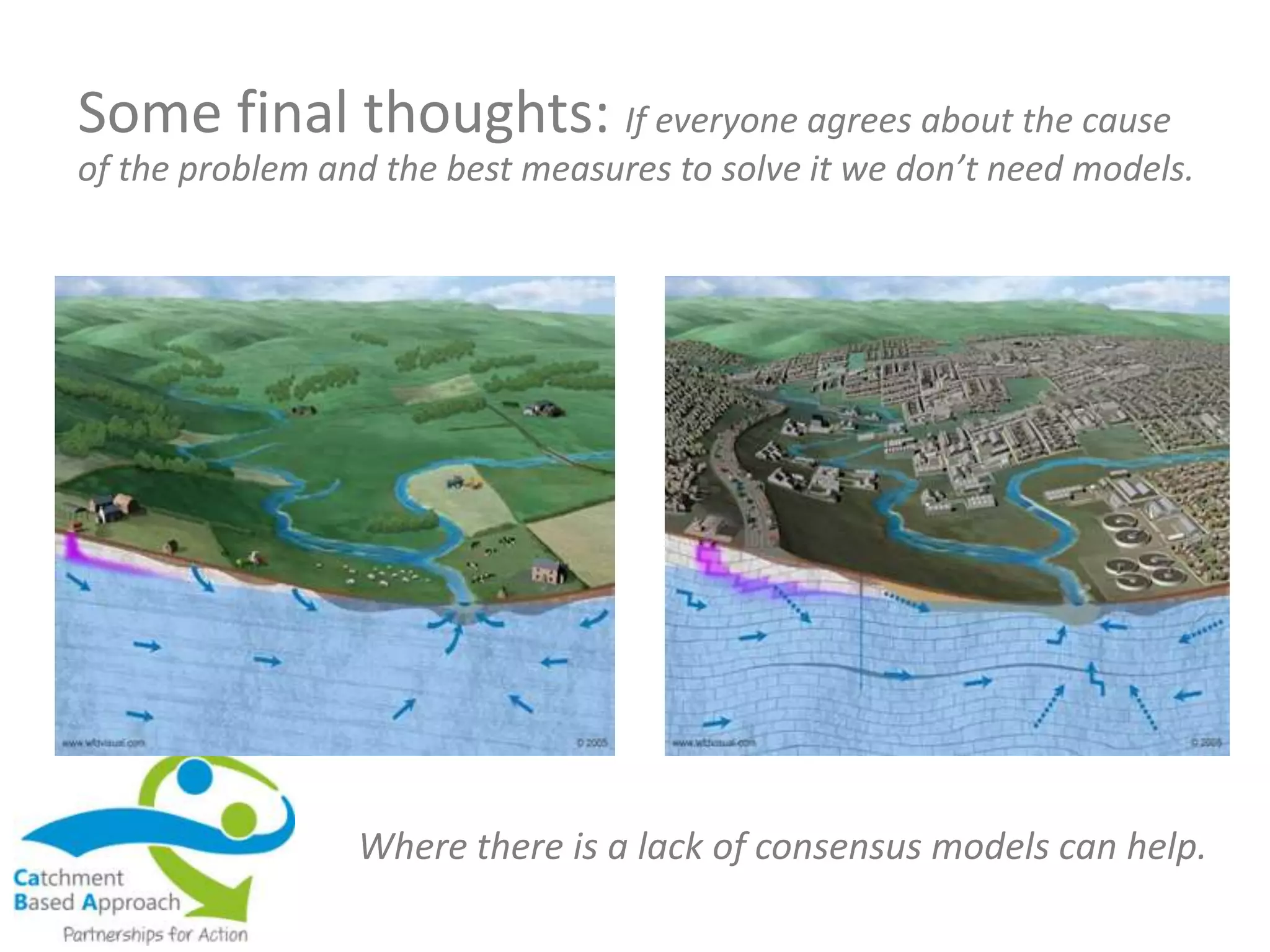 Some final thoughts: If everyone agrees about the cause
of the problem and the best measures to solve it we don’t need models.
Where there is a lack of consensus models can help.
 