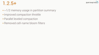 1.2.5+
• ~1/2 memory usage in partition summary
• Improved compaction throttle
• Parallel leveled compaction
• Removed cell-name bloom filters
 
