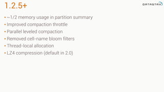 1.2.5+
• ~1/2 memory usage in partition summary
• Improved compaction throttle
• Parallel leveled compaction
• Removed cell-name bloom filters
• Thread-local allocation
• LZ4 compression (default in 2.0)
 