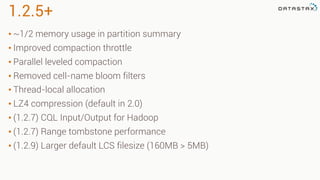1.2.5+
• ~1/2 memory usage in partition summary
• Improved compaction throttle
• Parallel leveled compaction
• Removed cell-name bloom filters
• Thread-local allocation
• LZ4 compression (default in 2.0)
• (1.2.7) CQL Input/Output for Hadoop
• (1.2.7) Range tombstone performance
• (1.2.9) Larger default LCS filesize (160MB > 5MB)
 