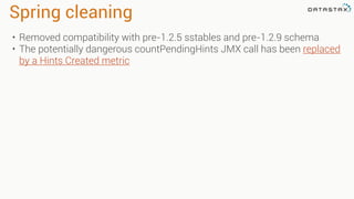 Spring cleaning
• Removed compatibility with pre-1.2.5 sstables and pre-1.2.9 schema
• The potentially dangerous countPendingHints JMX call has been replaced
by a Hints Created metric
 