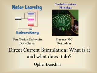 Cerebellar systems
Physiology

Ben-Gurion University
Beer-Sheva

Erasmus MC
Rotterdam

Direct Current Stimulation: What is it
and what does it do?
Opher Donchin

 
