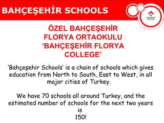 BAHÇEŞEHİR SCHOOLS

               ÖZEL BAHÇEŞEHİR
              FLORYA ORTAOKULU
             ‘BAHÇEŞEHİR FLORYA
                  COLLEGE’
 ‘Bahçeşehir Schools’ is a chain of schools which gives
  education from North to South, East to West, in all
               major cities of Turkey.

    We have 70 schools all around Turkey, and the
 estimated number of schools for the next two years
                         is
                        150!
 
