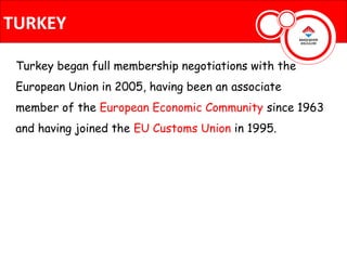 TURKEY

 Turkey began full membership negotiations with the
 European Union in 2005, having been an associate
 member of the European Economic Community since 1963
 and having joined the EU Customs Union in 1995.
 