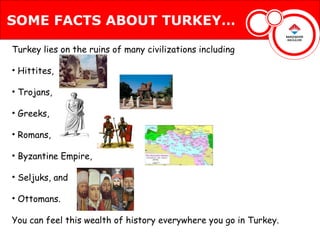 SOME FACTS ABOUT TURKEY…

Turkey lies on the ruins of many civilizations including

• Hittites,

• Trojans,

• Greeks,

• Romans,

• Byzantine Empire,

• Seljuks, and

• Ottomans.

You can feel this wealth of history everywhere you go in Turkey.
 