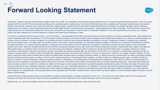 Forward Looking Statement
"Safe harbor" statement under the Private Securities Litigation Reform Act of 1995: This presentation contains forward-looking statements about the company's financial and operating results, which may include
expected GAAP and non-GAAP financial and other operating and non-operating results, including revenue, net income, diluted earnings per share, operating cash flow growth, operating margin improvement,
expected revenue growth, expected current remaining performance obligation growth, expected tax rates, stock-based compensation expenses, amortization of purchased intangibles, shares outstanding,
market growth, environmental, social and governance goals and expected capital allocation, including mergers and acquisitions, capital expenditures and other investments. The achievement or success of the
matters covered by such forward-looking statements involves risks, uncertainties and assumptions. If any such risks or uncertainties materialize or if any of the assumptions prove incorrect, the company’s
results could differ materially from the results expressed or implied by the forward-looking statements it makes.
The risks and uncertainties referred to above include -- but are not limited to -- risks associated with the effect of general economic and market conditions; the impact of geopolitical events, natural disasters and
actual or threatened public health emergencies, such as the ongoing Coronavirus pandemic; the impact of foreign currency exchange rate and interest rate fluctuations on our results; our business strategy and
our plan to build our business, including our strategy to be the leading provider of enterprise cloud computing applications and platforms; the pace of change and innovation in enterprise cloud computing
services; the seasonal nature of our sales cycles; the competitive nature of the market in which we participate; our international expansion strategy; the demands on our personnel and infrastructure resulting
from significant growth in our customer base and operations, including as a result of acquisitions; our service performance and security, including the resources and costs required to avoid unanticipated
downtime and prevent, detect and remediate potential security breaches; the expenses associated with our data centers and third-party infrastructure providers; additional data center capacity; real estate and
office facilities space; our operating results and cash flows; new services and product features, including any efforts to expand our services beyond the CRM market; our strategy of acquiring or making
investments in complementary businesses, joint ventures, services, technologies and intellectual property rights; the performance and fair value of our investments in complementary businesses through our
strategic investment portfolio; our ability to realize the benefits from strategic partnerships, joint ventures and investments; the impact of future gains or losses from our strategic investment portfolio, including
gains or losses from overall market conditions that may affect the publicly traded companies within our strategic investment portfolio; our ability to execute our business plans; our ability to successfully integrate
acquired businesses and technologies; our ability to continue to grow unearned revenue and remaining performance obligation; our ability to protect our intellectual property rights; our ability to develop our
brands; our reliance on third-party hardware, software and platform providers; our dependency on the development and maintenance of the infrastructure of the Internet; the effect of evolving domestic and
foreign government regulations, including those related to the provision of services on the Internet, those related to accessing the Internet, and those addressing data privacy, cross-border data transfers and
import and export controls; the valuation of our deferred tax assets and the release of related valuation allowances; the potential availability of additional tax assets in the future; the impact of new accounting
pronouncements and tax laws; uncertainties affecting our ability to estimate our tax rate; uncertainties regarding our tax obligations in connection with potential jurisdictional transfers of intellectual property,
including the tax rate, the timing of the transfer and the value of such transferred intellectual property; the impact of expensing stock options and other equity awards; the sufficiency of our capital resources;
factors related to our outstanding debt, revolving credit facility and loan associated with 50 Fremont; compliance with our debt covenants and lease obligations; current and potential litigation involving us; and the
impact of climate change.
Further information on these and other factors that could affect the company’s financial results is included in the reports on Forms 10-K, 10-Q and 8-K and in other filings it makes with the Securities and
Exchange Commission from time to time. These documents are available on the SEC Filings section of the Investor Information section of the company’s website at.
Salesforce.com, inc. assumes no obligation and does not intend to update these forward-looking statements, except as required by law.
 