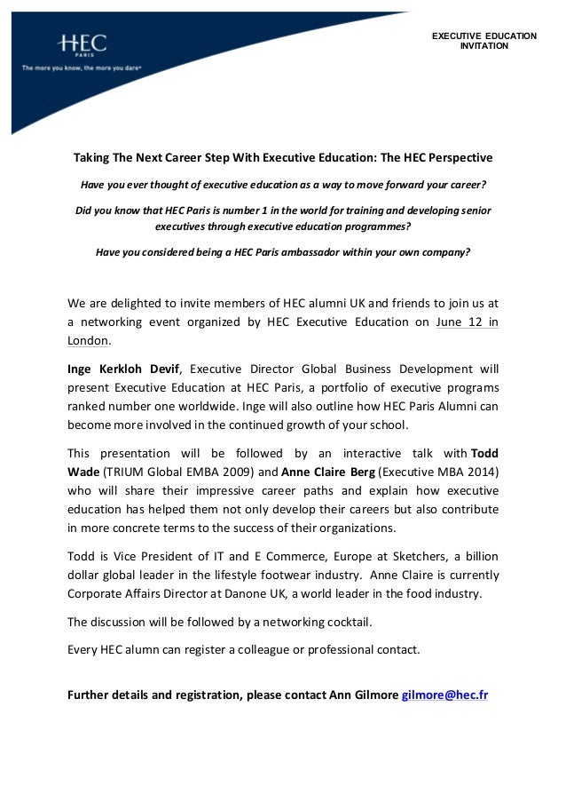 for example invitation event letter Alumni  Paris Event, Invite Networking HEC London