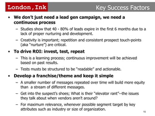 Key Success Factors<br />We don’t just need a lead gen campaign, we need a continuous process<br />Studies show that 40 - ...