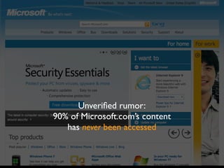 Unveriﬁed rumor:
90% of Microsoft.com’s content
   has never been accessed
 