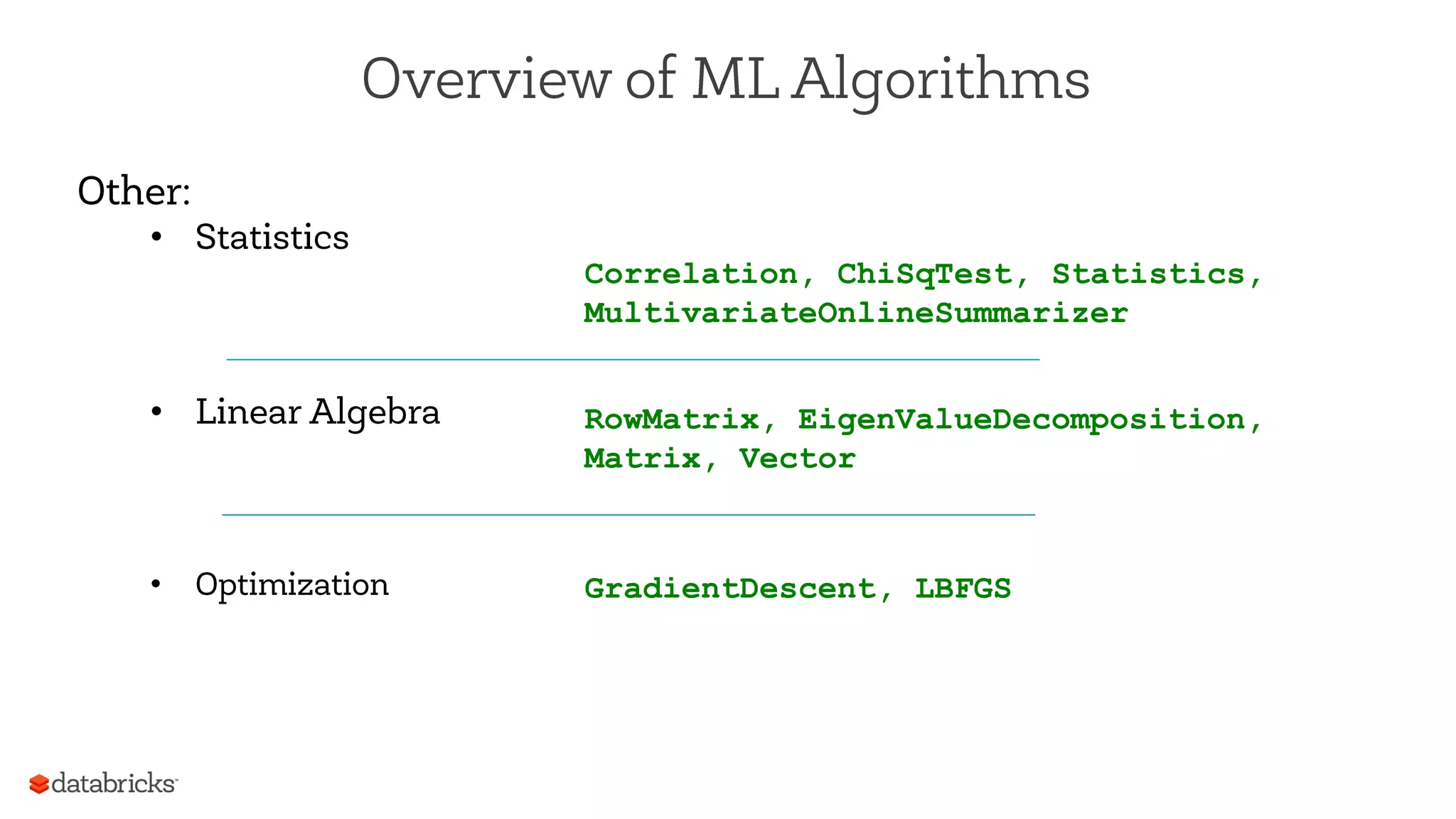 Overview of ML Algorithms
Other:
•  Statistics
•  Linear Algebra
•  Optimization
Correlation, ChiSqTest, Statistics,
MultivariateOnlineSummarizer
RowMatrix, EigenValueDecomposition,
Matrix, Vector
GradientDescent, LBFGS
 