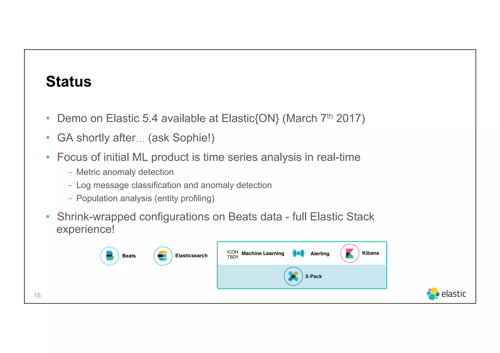 15
Status
•  Demo on Elastic 5.4 available at Elastic{ON} (March 7th 2017)
•  GA shortly after… (ask Sophie!)
•  Focus of initial ML product is time series analysis in real-time
‒  Metric anomaly detection
‒  Log message classification and anomaly detection
‒  Population analysis (entity profiling)
•  Shrink-wrapped configurations on Beats data - full Elastic Stack
experience!
Beats
X-Pack
Elasticsearch AlertingMachine LearningICON
TBD!!
Kibana
 