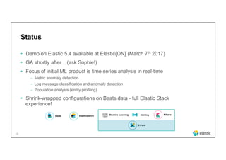 15
Status
•  Demo on Elastic 5.4 available at Elastic{ON} (March 7th 2017)
•  GA shortly after… (ask Sophie!)
•  Focus of initial ML product is time series analysis in real-time
‒  Metric anomaly detection
‒  Log message classification and anomaly detection
‒  Population analysis (entity profiling)
•  Shrink-wrapped configurations on Beats data - full Elastic Stack
experience!
Beats
X-Pack
Elasticsearch AlertingMachine LearningICON
TBD!!
Kibana
 