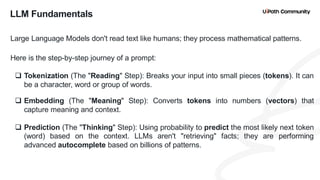 12
LLM Fundamentals
Large Language Models don't read text like humans; they process mathematical patterns.
Here is the step-by-step journey of a prompt:
❑ Tokenization (The "Reading" Step): Breaks your input into small pieces (tokens). It can
be a character, word or group of words.
❑ Embedding (The "Meaning" Step): Converts tokens into numbers (vectors) that
capture meaning and context.
❑ Prediction (The "Thinking" Step): Using probability to predict the most likely next token
(word) based on the context. LLMs aren't "retrieving" facts; they are performing
advanced autocomplete based on billions of patterns.
 