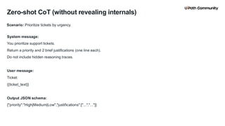 20
Zero-shot CoT (without revealing internals)
System message:
You prioritize support tickets.
Return a priority and 2 brief justifications (one line each).
Do not include hidden reasoning traces.
User message:
Ticket:
{{ticket_text}}
Output JSON schema:
{"priority":"High|Medium|Low","justifications":["...","..."]}
Scenario: Prioritize tickets by urgency.
 