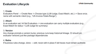 25
Evaluation Lifecycle
1. Create
Evaluators Panel → Create New -> Choose type (LLM-Judge, Exact Match, etc.) -> Save once;
name with semantic intent (e.g., “US-Invoice-Totals-Range”)
2. Attach
In an evaluation set, hit Set Evaluators -> one evaluation can carry multiple evaluators (e.g.,
Exact Match for status + LLM-Judge for summary)
3. Version
Any change prompts a version bump; previous runs keep historical linkage. CI should pin
evaluator versions just like package dependencies
4. Retire
If business rules change, clone → edit; never edit in-place if old traces must remain auditable
 