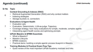 5
Agenda (continued)
Sr No Topic
6
Context Grounding & Indexes (RAG)
• Retrieval Augmented Generation (RAG) and why context matters
• Indexing strategies
• Storage buckets vs. connectors
7
Evaluations & Agent Health
• Evaluation sets
• Evaluators: Deterministic, LLM-as-judge, Trajectory
• Coverage strategy: how many evaluations for simple, moderate, complex agents
• Interpreting agent health scores and optimizing prompts
8
UiPath Maestro & BPMN Essentials
• What is Maestro?
• Maestro Lifecycle
• BPMN notations
• Practical demo: building a simple agentic process blueprint in Maestro
9
Training Modules & Practical Exam Prep Tips
• Quick review of the most important UiPath Academy modules and links
 