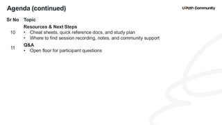 6
Agenda (continued)
Sr No Topic
10
Resources & Next Steps
• Cheat sheets, quick reference docs, and study plan
• Where to find session recording, notes, and community support
11
Q&A
• Open floor for participant questions
 