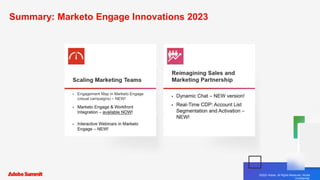 ©2023 Adobe. All Rights Reserved. Adobe Confidential.
©2023 Adobe. All Rights Reserved. Adobe
Confidential.
Summary: Marketo Engage Innovations 2023
Engagement Map in Marketo Engage
(visual campaigns) – NEW!
 