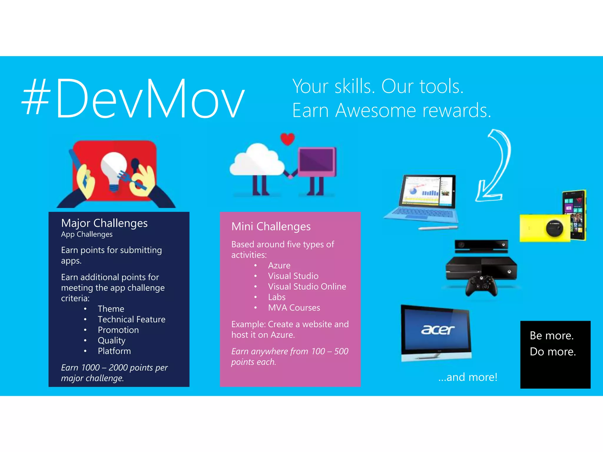 #DevMov Your skills. Our tools.
Earn Awesome rewards.
Major Challenges
App Challenges
Earn points for submitting
apps.
Earn additional points for
meeting the app challenge
criteria:
• Theme
• Technical Feature
• Promotion
• Quality
• Platform
Earn 1000 – 2000 points per
major challenge.
Mini Challenges
Based around five types of
activities:
• Azure
• Visual Studio
• Visual Studio Online
• Labs
• MVA Courses
Example: Create a website and
host it on Azure.
Earn anywhere from 100 – 500
points each.
Be more.
Do more.
…and more!
 