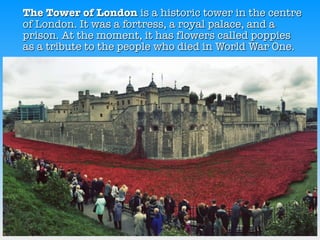 The Tower of London is a historic tower in the centre
of London. It was a fortress, a royal palace, and a
prison. At the moment, it has flowers called poppies
as a tribute to the people who died in World War One.
 