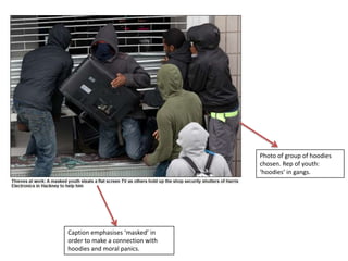 Photo of group of hoodies
chosen. Rep of youth:
‘hoodies’ in gangs.

Caption emphasises ‘masked’ in
order to make a connection with
hoodies and moral panics.

 
