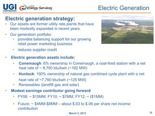 Electric Generation
Electric generation strategy:
• Our assets are former utility rate plants that have
  been modestly expanded in recent years
• Our generation portfolio:
   • provides balancing support for our growing
      retail power marketing business
     • reduces supplier credit
•   Electric generation assets include:
     •   Conemaugh: 6% ownership in Conemaugh, a coal-fired station with a net
         heat rate of ~ 9,700 btu/kwh (~102 MW)
     •   Hunlock: 100% ownership of natural gas combined cycle plant with a net
         heat rate of ~7,700 btu/kwh (~125 MW)
     •   Renewables (landfill gas and solar)
•   Modest earnings contributor going forward
     • FY08: ~ $15MM, FY10: ~ $7MM, FY12: ~ ($1MM)
     • Future: ~ $4MM-$8MM – about $.03 to $.06 per share net income
       contribution
                                      March 5, 2013                               32
 